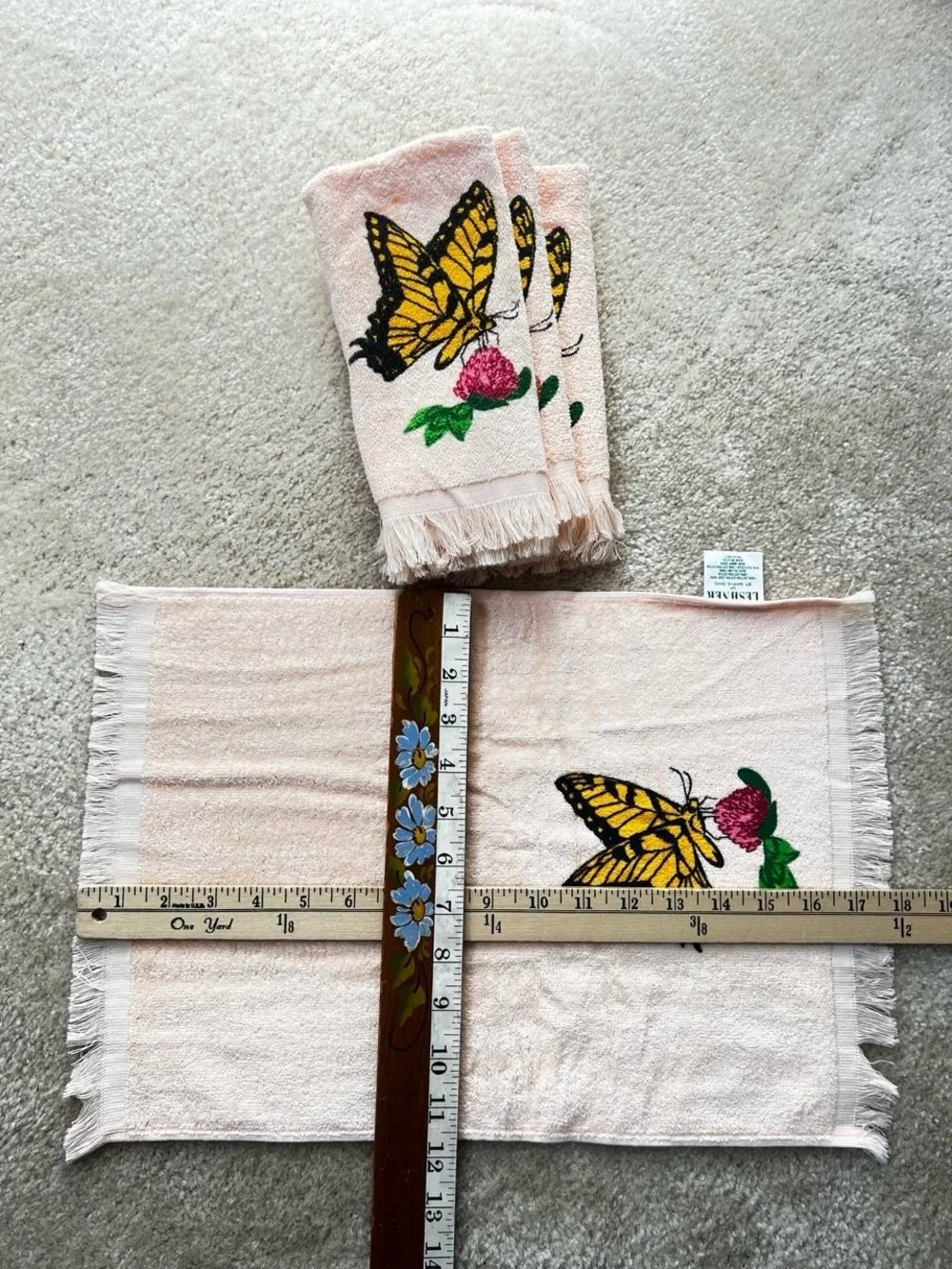 Vintage Leshner Of St. Mary Ohio Fingertip Bathroom Towels Pink Butterfly USA